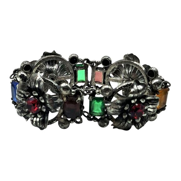 VIntage Rhinestone Bracelet Multicolored Stones Floral Links Flower Costume Jewe - Picture 9 of 13